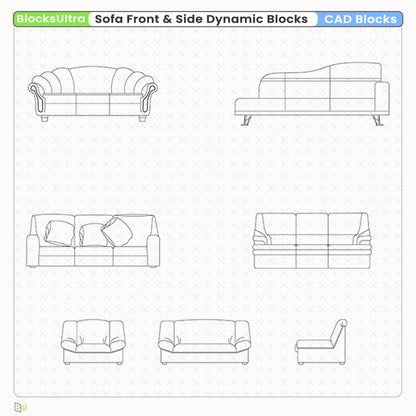 Detailed sofa front elevation and side elevation CAD symbols for interior planning