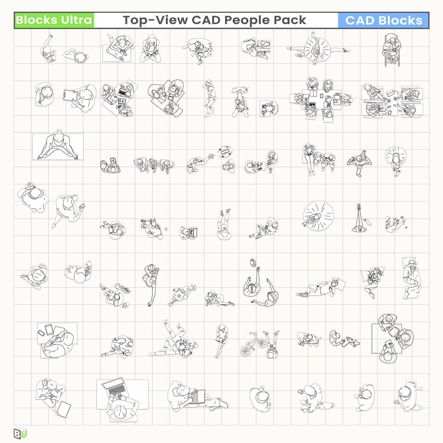 Top-view CAD people in varied activity poses for architecture diagrams, circulation studies and planning layouts.