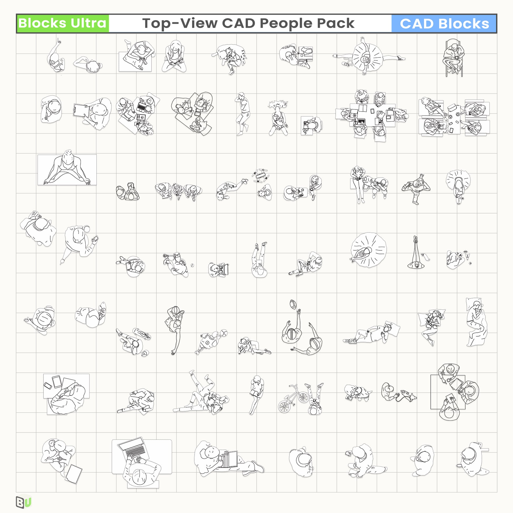 Top-view CAD people in varied activity poses for architecture diagrams, circulation studies and planning layouts.