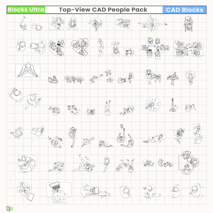 Top-view CAD people in varied activity poses for architecture diagrams, circulation studies and planning layouts.