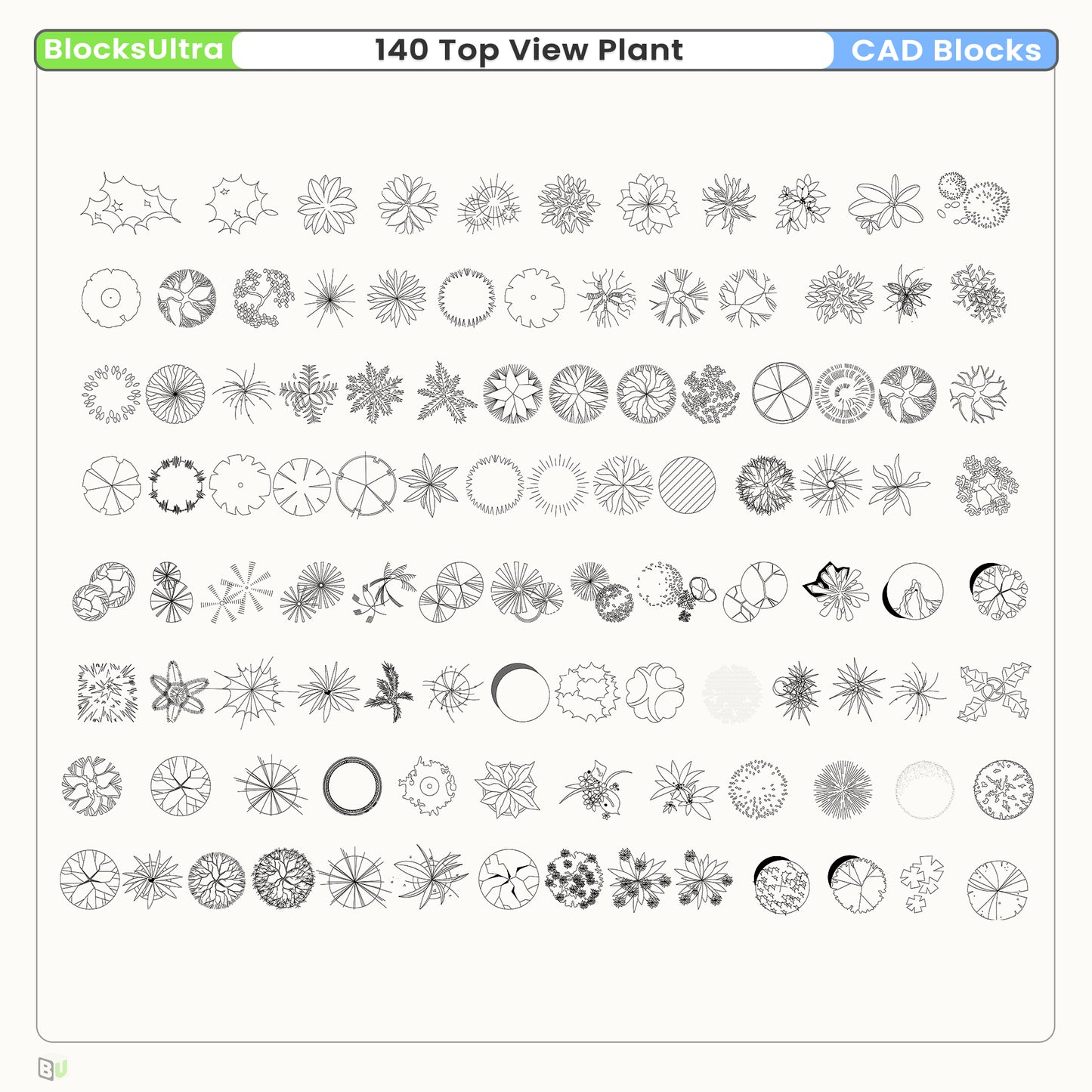 Top view plant CAD blocks collection featuring trees shrubs grass and planters