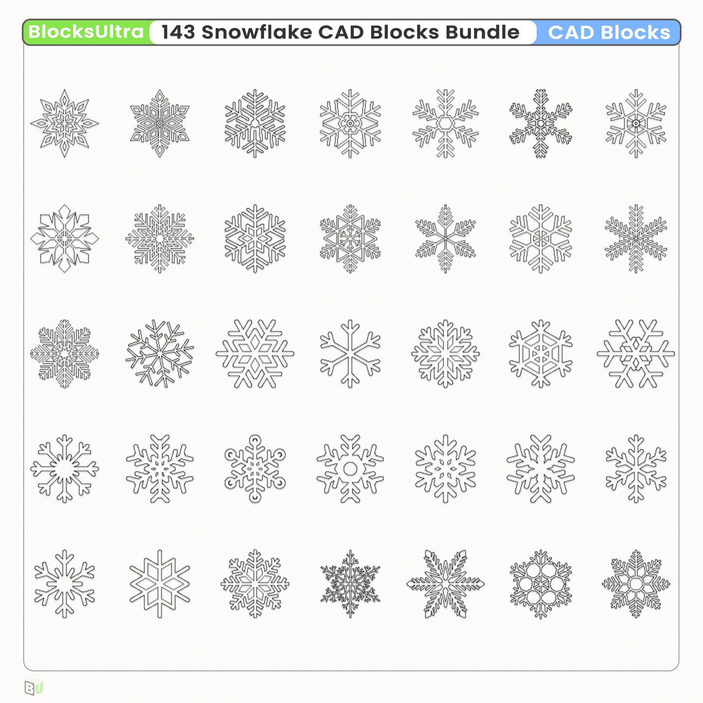 Winter snowflake CAD block collection with geometric patterns