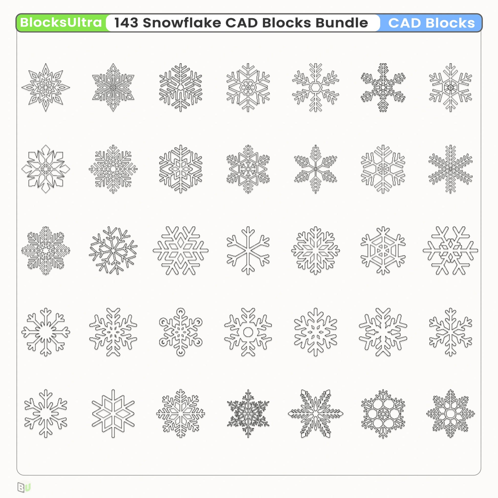 Winter snowflake CAD block collection with geometric patterns