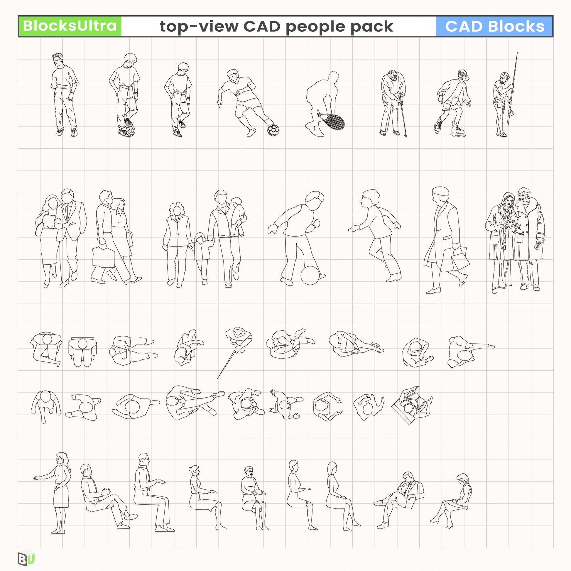 Accessibility CAD characters including wheelchair, mobility-aid figures, and mixed viewpoints for inclusive design