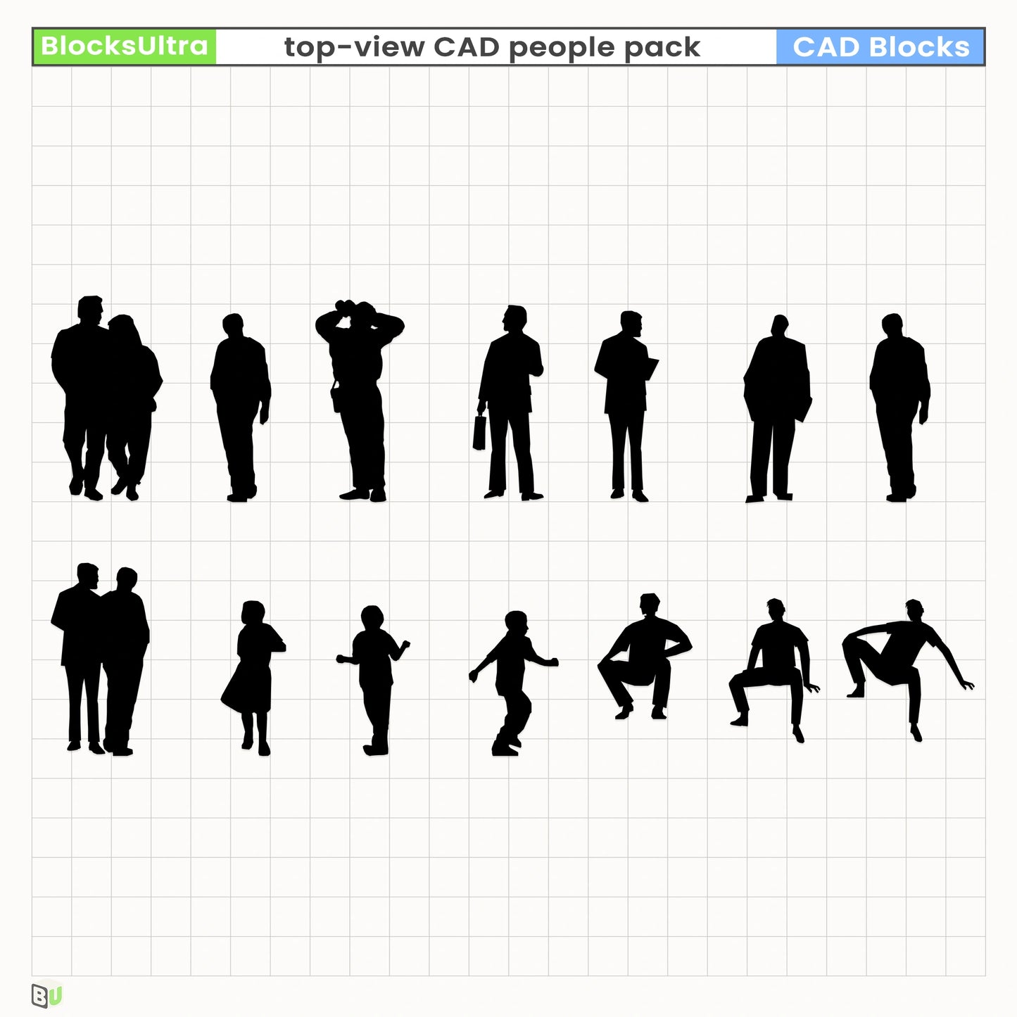 Mixed dynamic CAD poses combining elevation and top-view figures for planning, diagrams, and schematic drawings