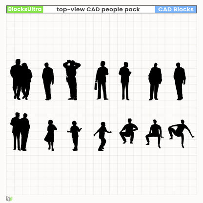 Mixed dynamic CAD poses combining elevation and top-view figures for planning, diagrams, and schematic drawings