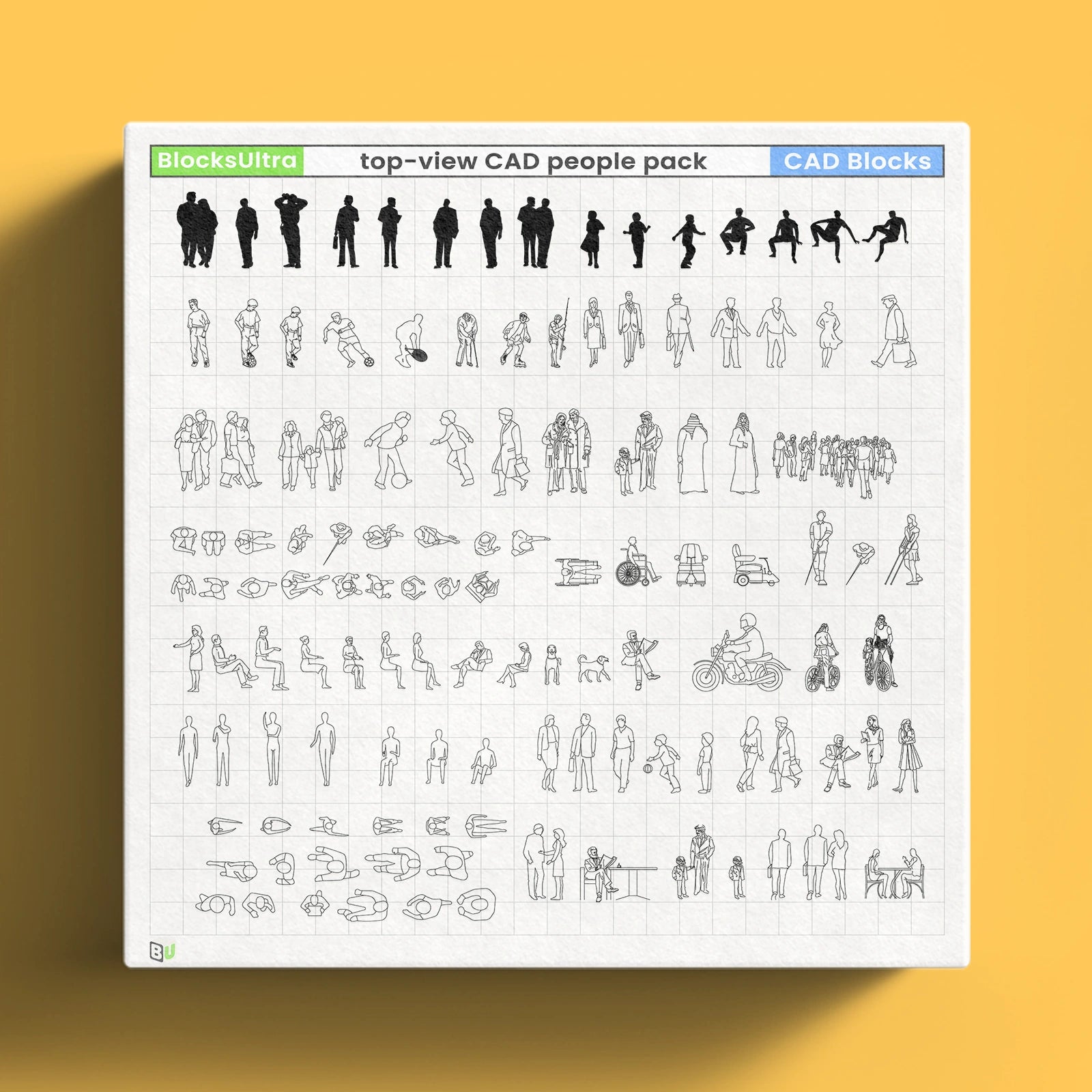 Mixed CAD people pack with elevation and top-view figures including standing and walking poses for architecture drawings