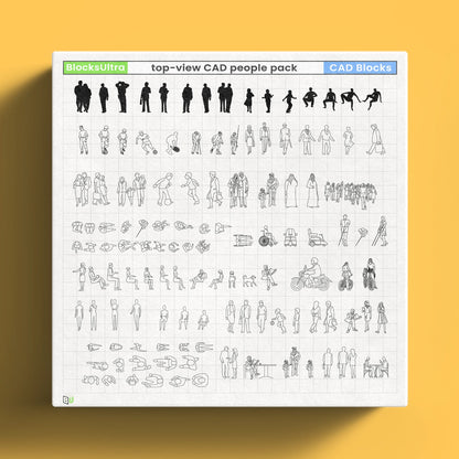 Mixed CAD people pack with elevation and top-view figures including standing and walking poses for architecture drawings