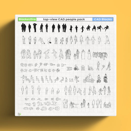 Mixed CAD people pack with elevation and top-view figures including standing and walking poses for architecture drawings