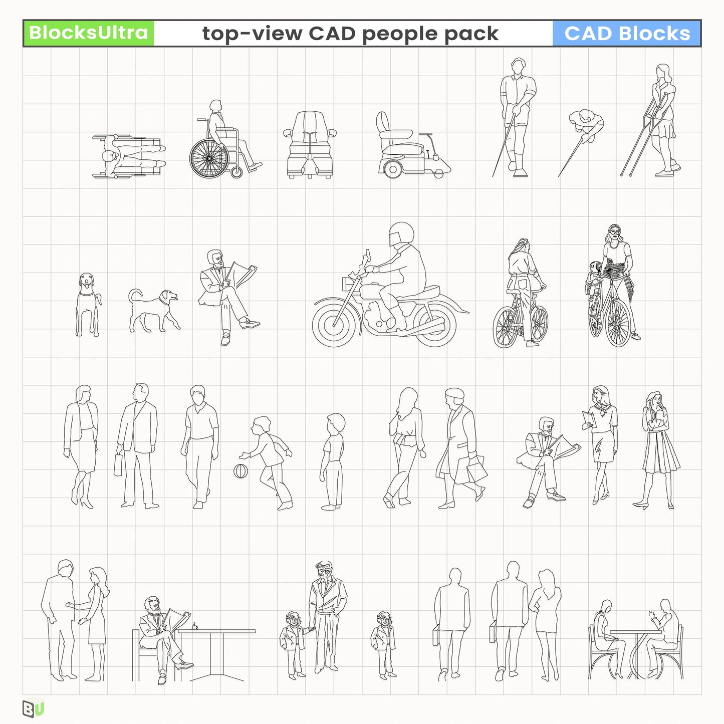 Top-view seated and activity CAD figures for interior layouts, circulation diagrams, and architecture planning