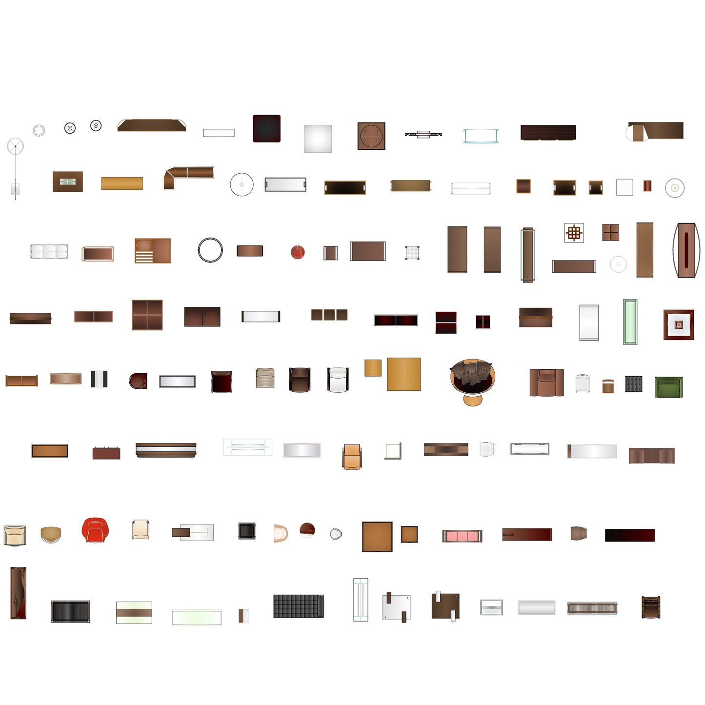 CAD top-view mixed interior furniture, decor, and plant objects pack created for designers and architects