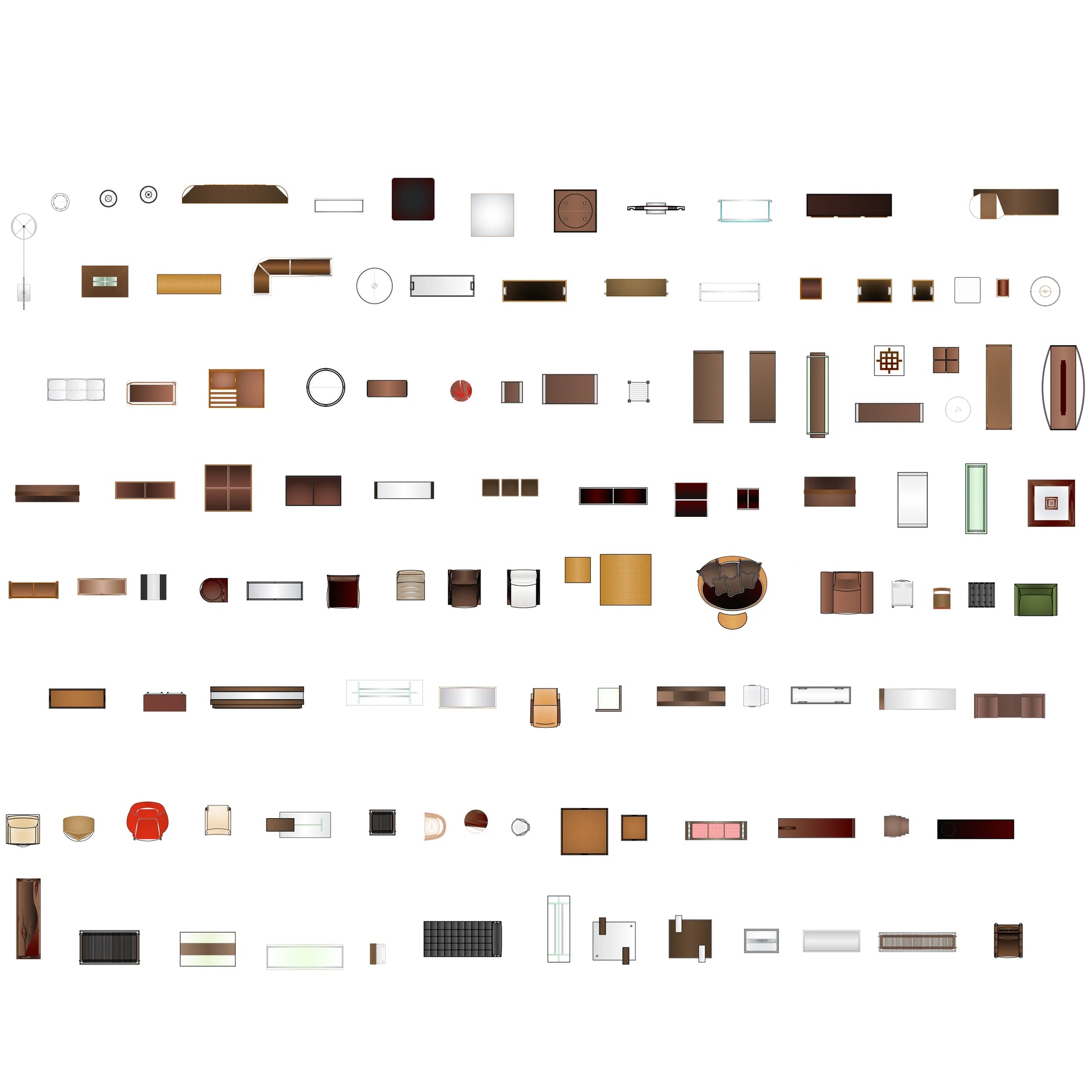 CAD top-view mixed interior furniture, decor, and plant objects pack created for designers and architects