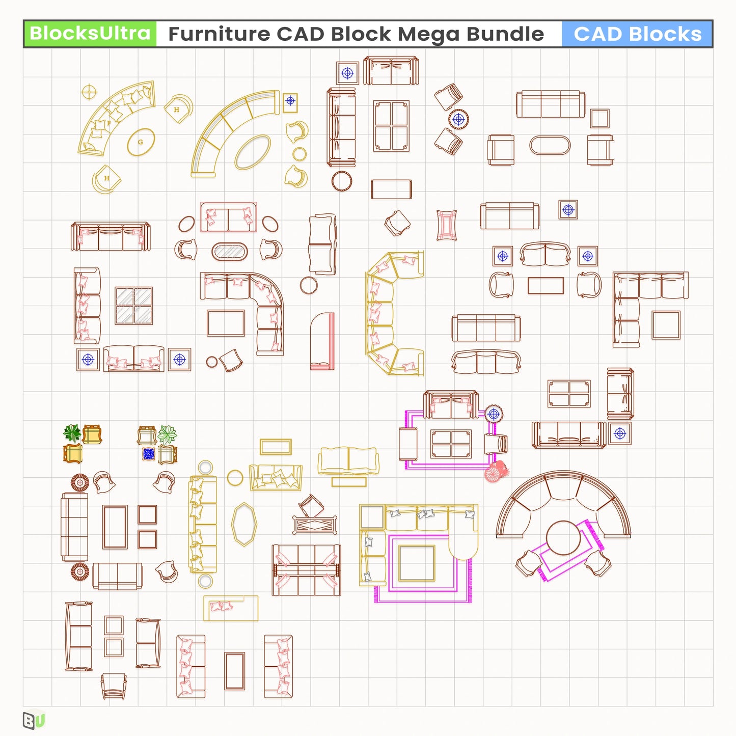 Curved sofa seating groups and tables in clean top-view CAD blocks