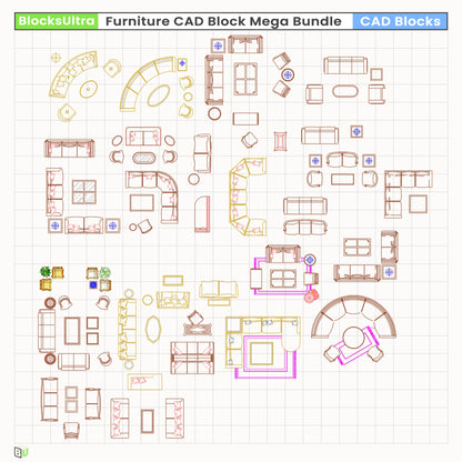 Curved sofa seating groups and tables in clean top-view CAD blocks