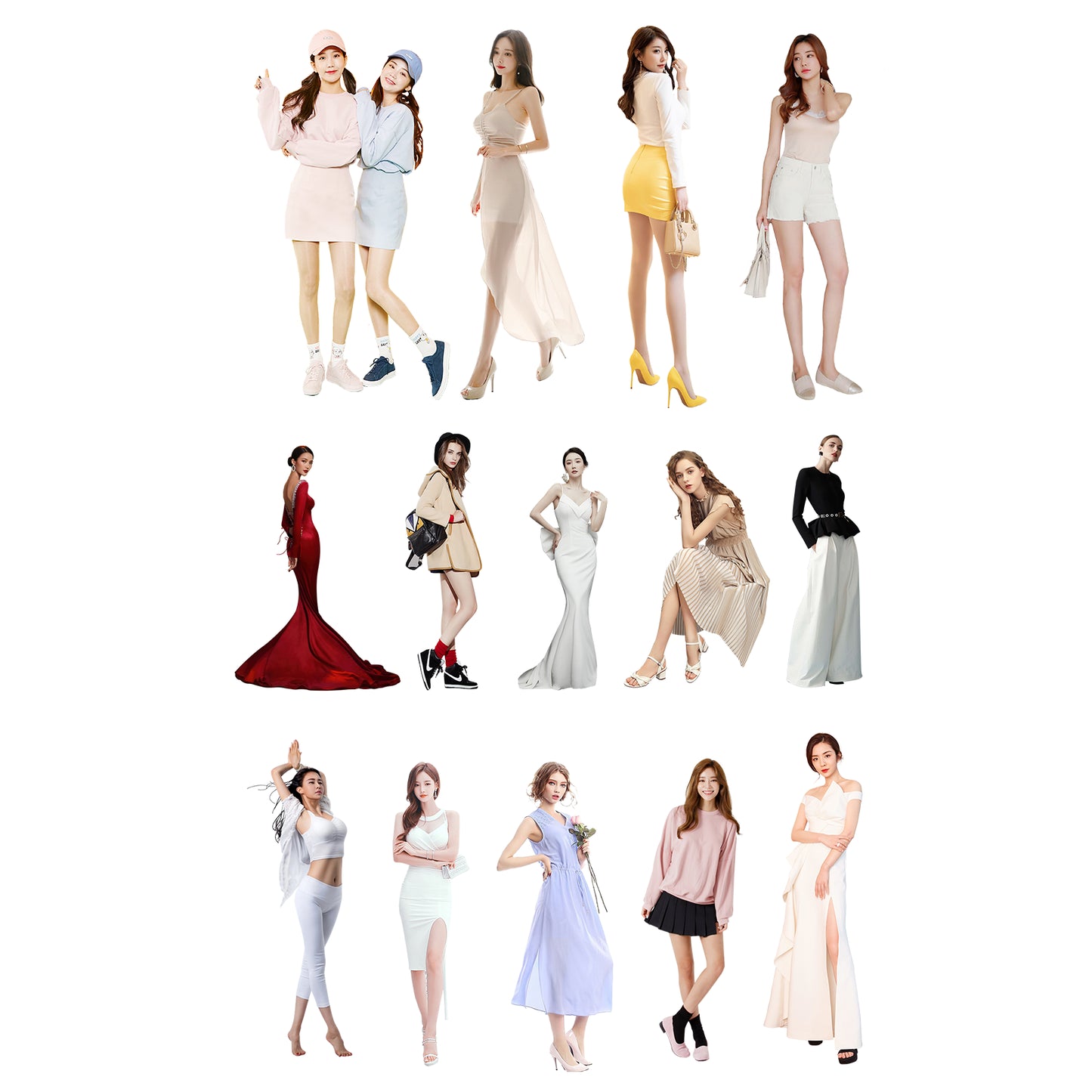 Standing female models in pastel outfits – lifestyle cutout people for visualization