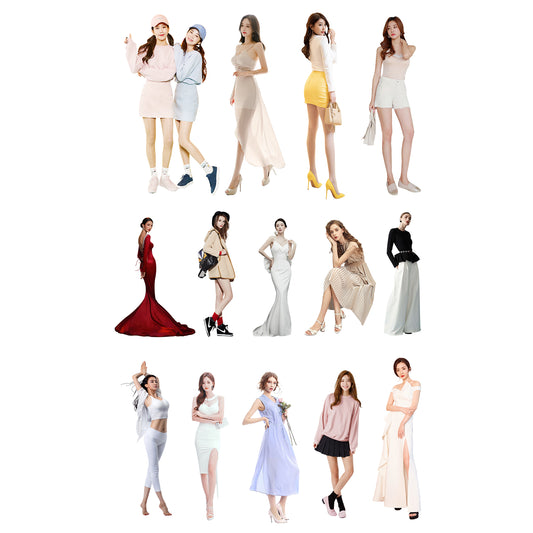 Standing female models in pastel outfits – lifestyle cutout people for visualization
