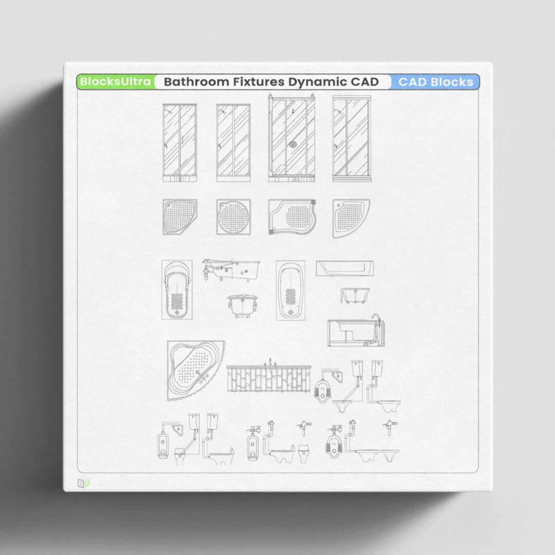 Animated preview of dynamic bathroom CAD blocks switching plan and elevation views