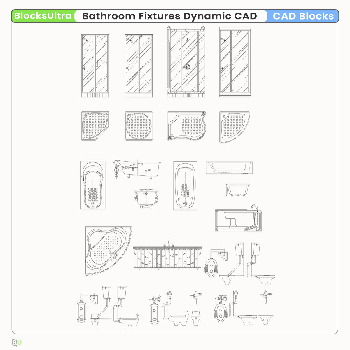 Bathroom Fixtures Dynamic CAD Blocks Bundle – Toilets, Sinks & Showers ...