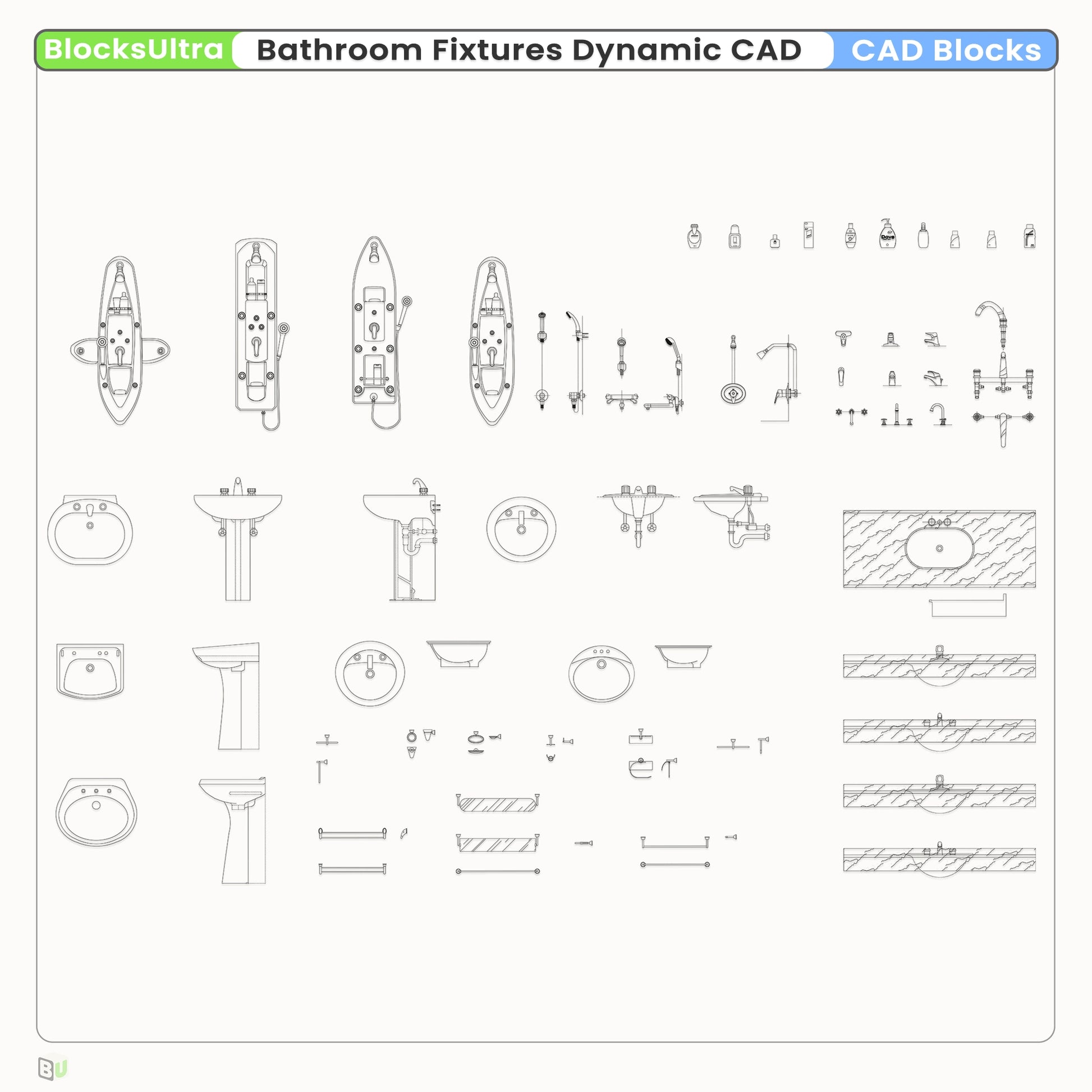 Dynamic toilet and sink CAD blocks with stretch and view switching