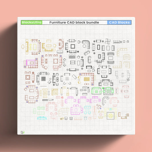 Top-view furniture CAD blocks showing sofas, chairs, tables, and living-room arrangements