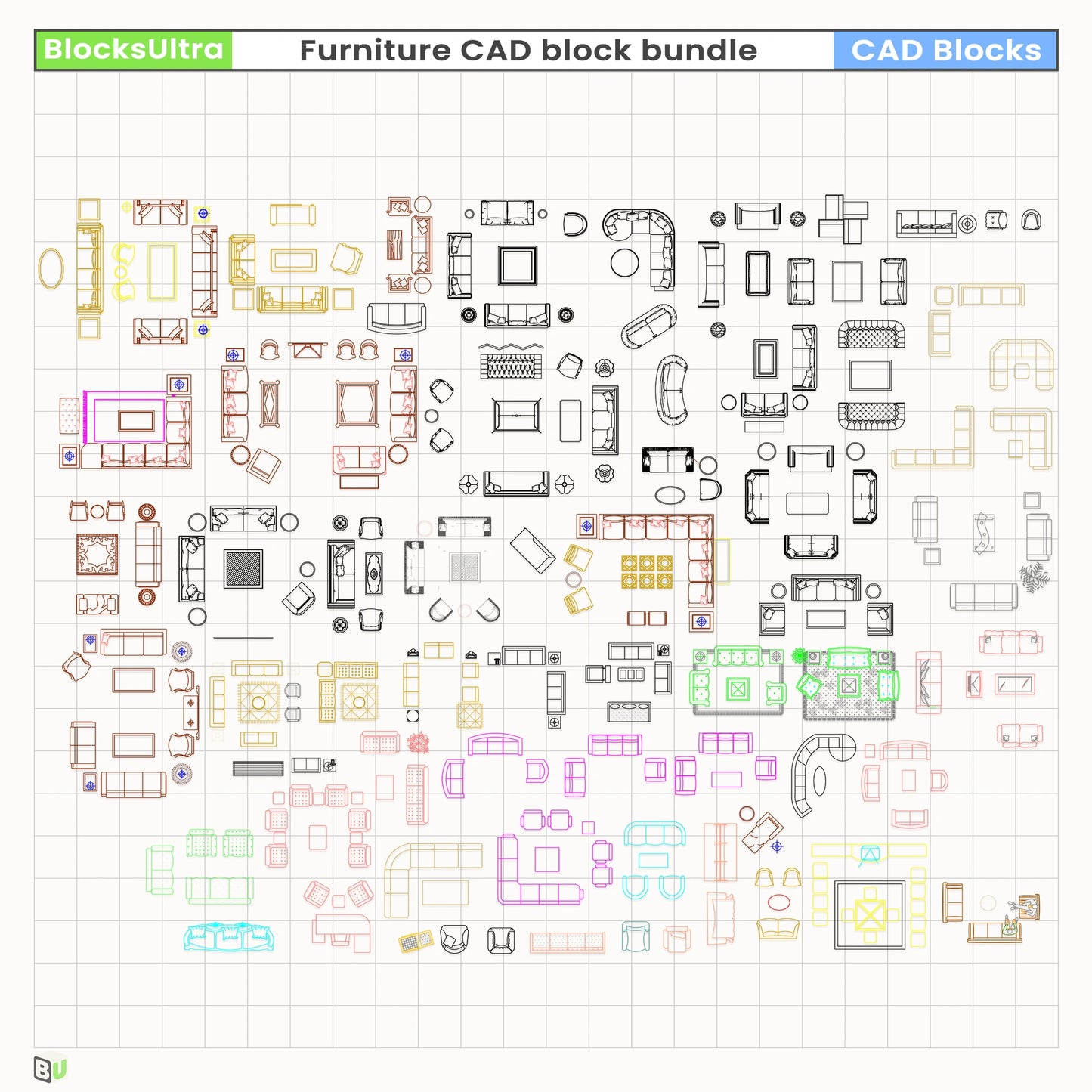 Top-view sectional sofa CAD blocks with lounge chairs and coffee-table layouts