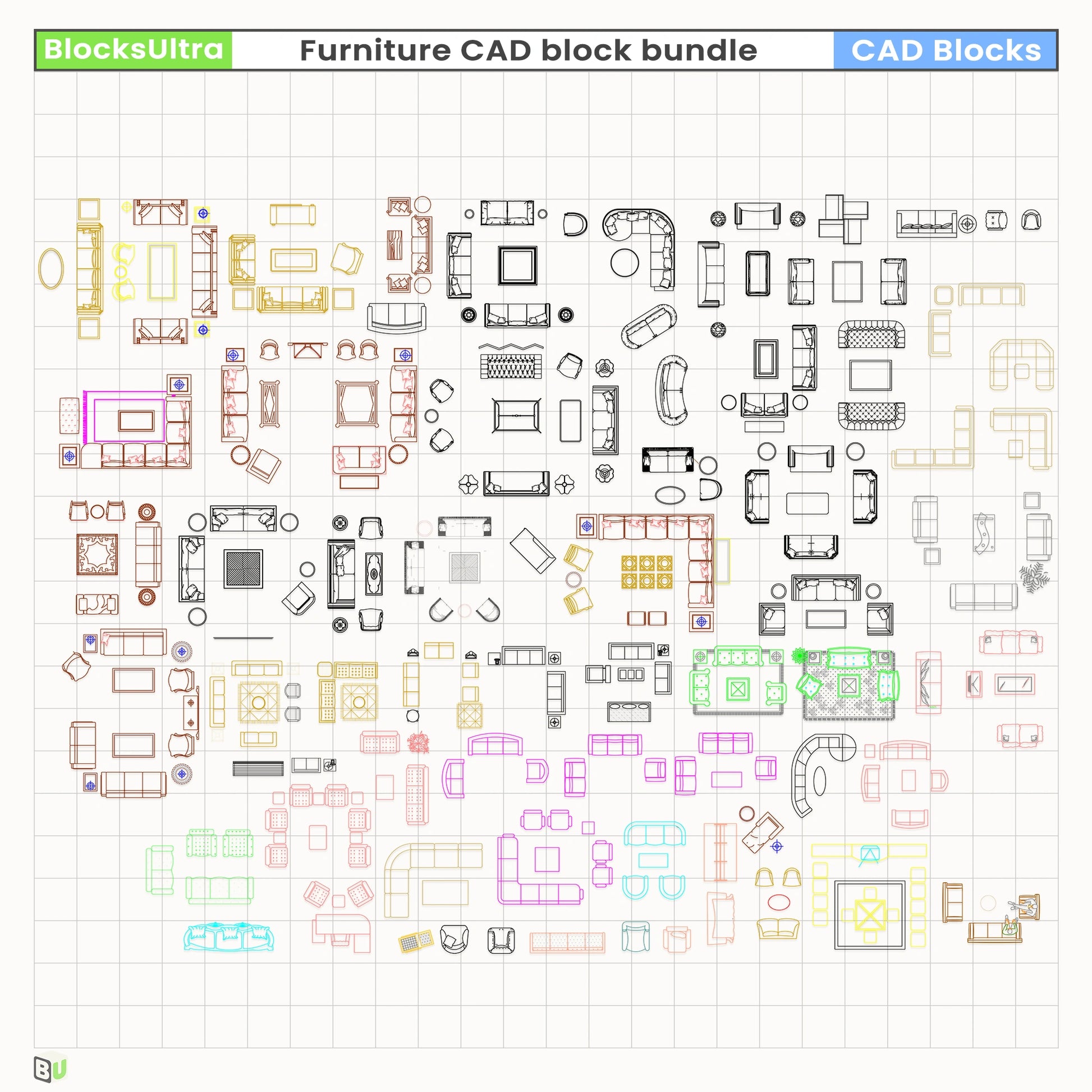 Top-view sectional sofa CAD blocks with lounge chairs and coffee-table layouts