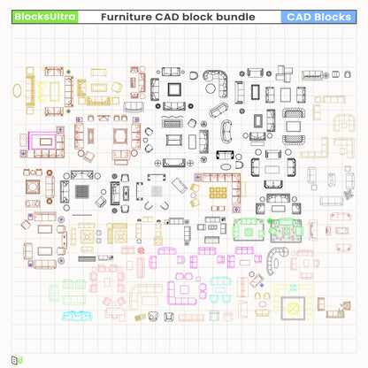 Top-view sectional sofa CAD blocks with lounge chairs and coffee-table layouts