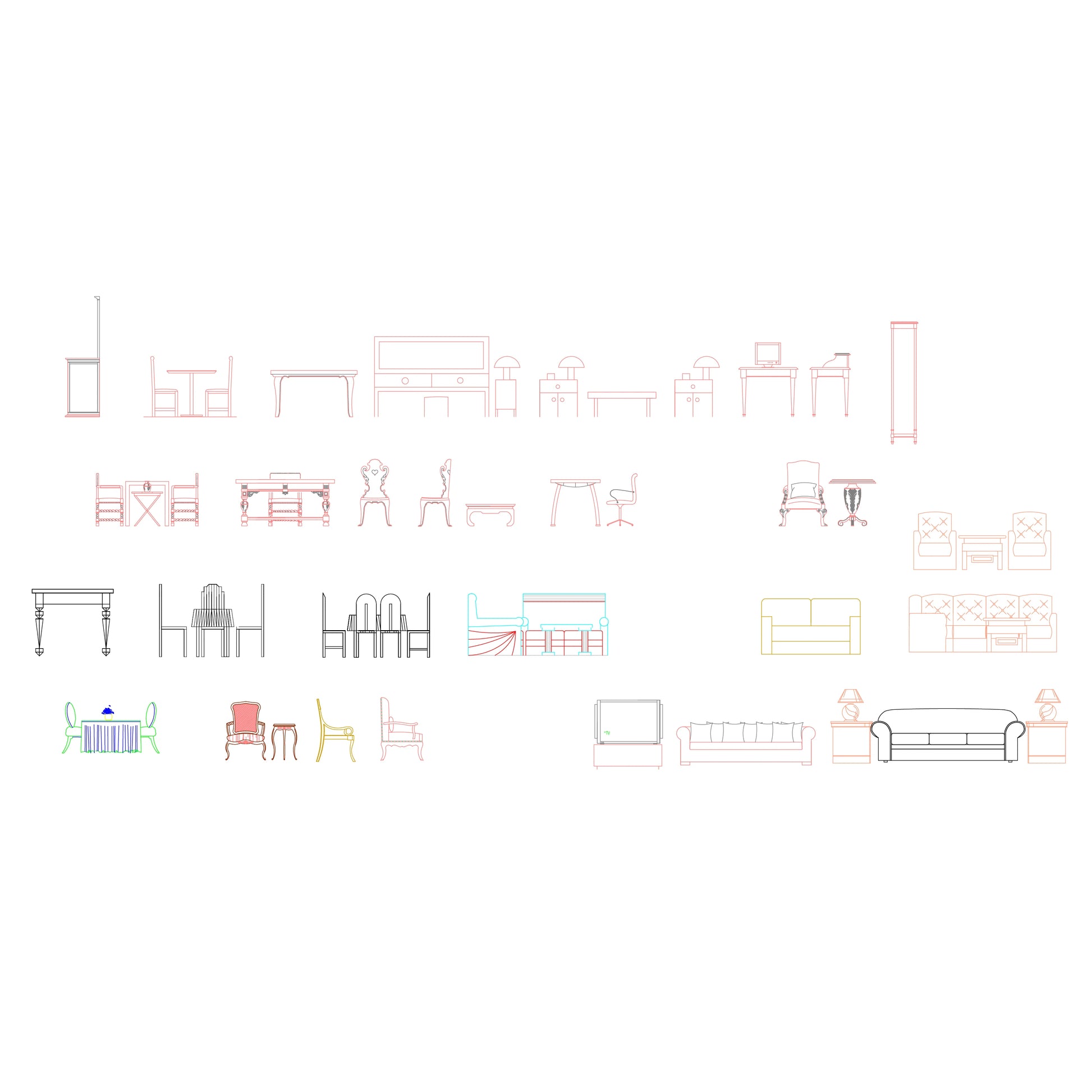 Complete CAD pack with elevation and top-view furniture blocks for interior drawings, architectural layouts, and design workflows