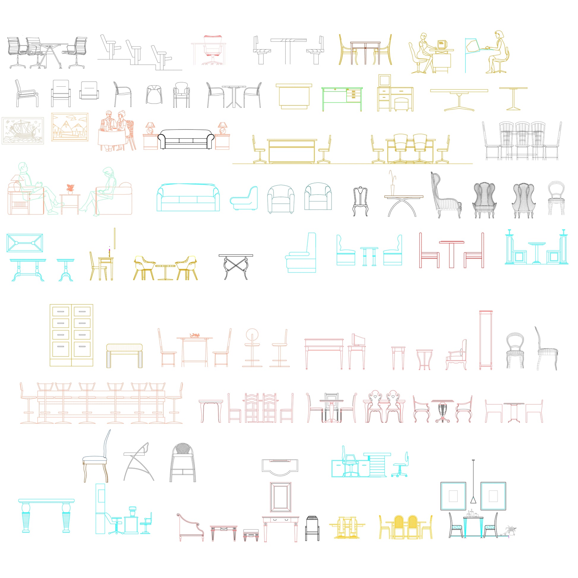 Top-view CAD blocks of round and square tables, optimized for floor-plan arrangements and architectural diagram drafting