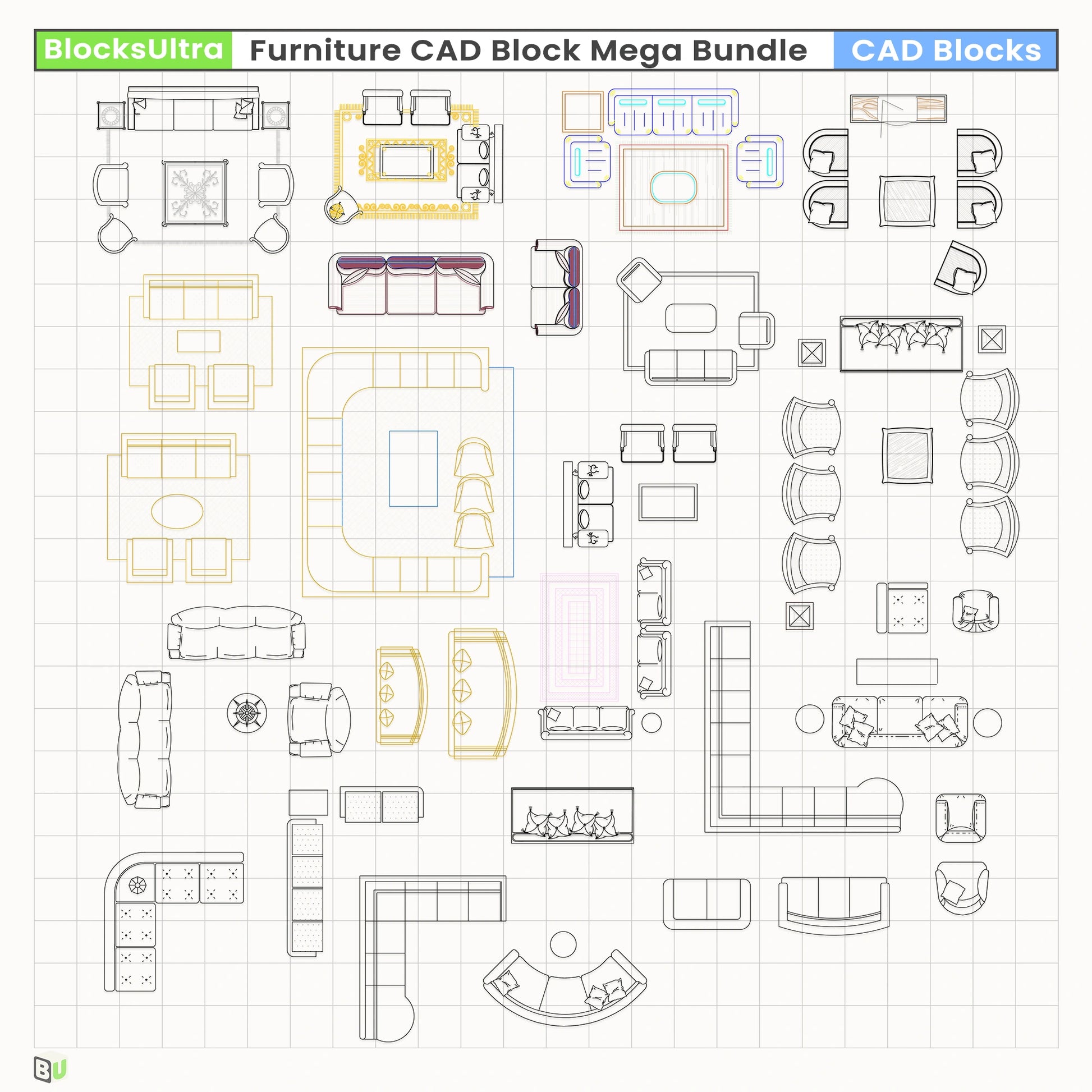 Top-view lounge chairs, sofas, and coffee table CAD arrangement for interior plans
