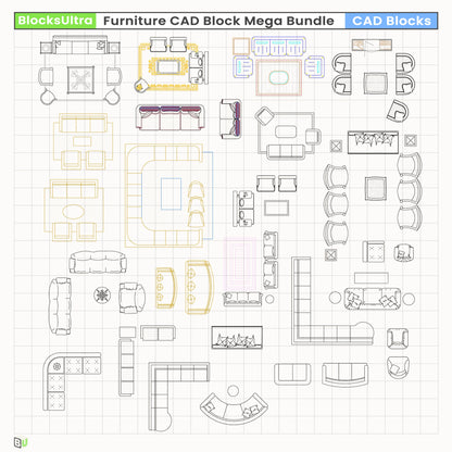 Top-view lounge chairs, sofas, and coffee table CAD arrangement for interior plans