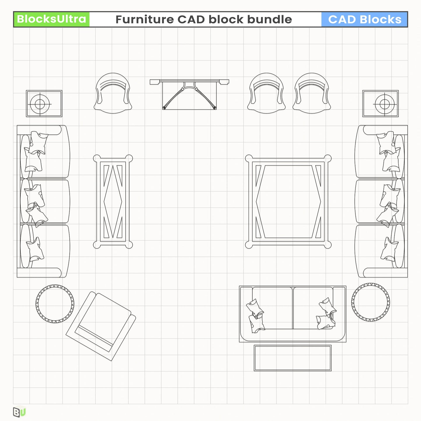 Large collection of top-view furniture CAD blocks including sofas, chairs, and tables