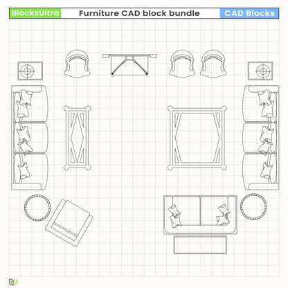 Large collection of top-view furniture CAD blocks including sofas, chairs, and tables