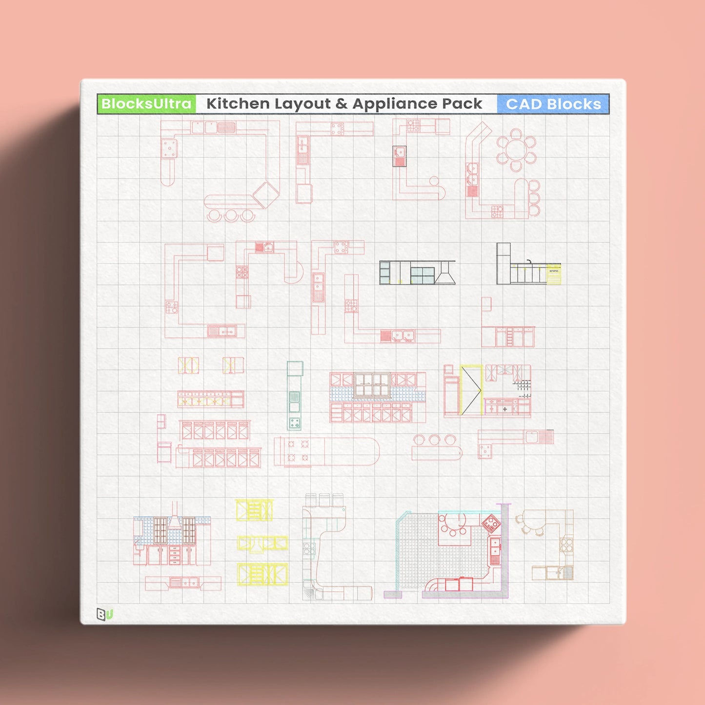Kitchen appliance CAD blocks featuring stoves, cooktops, sinks, refrigerators, and compact equipment for DWG drafting use