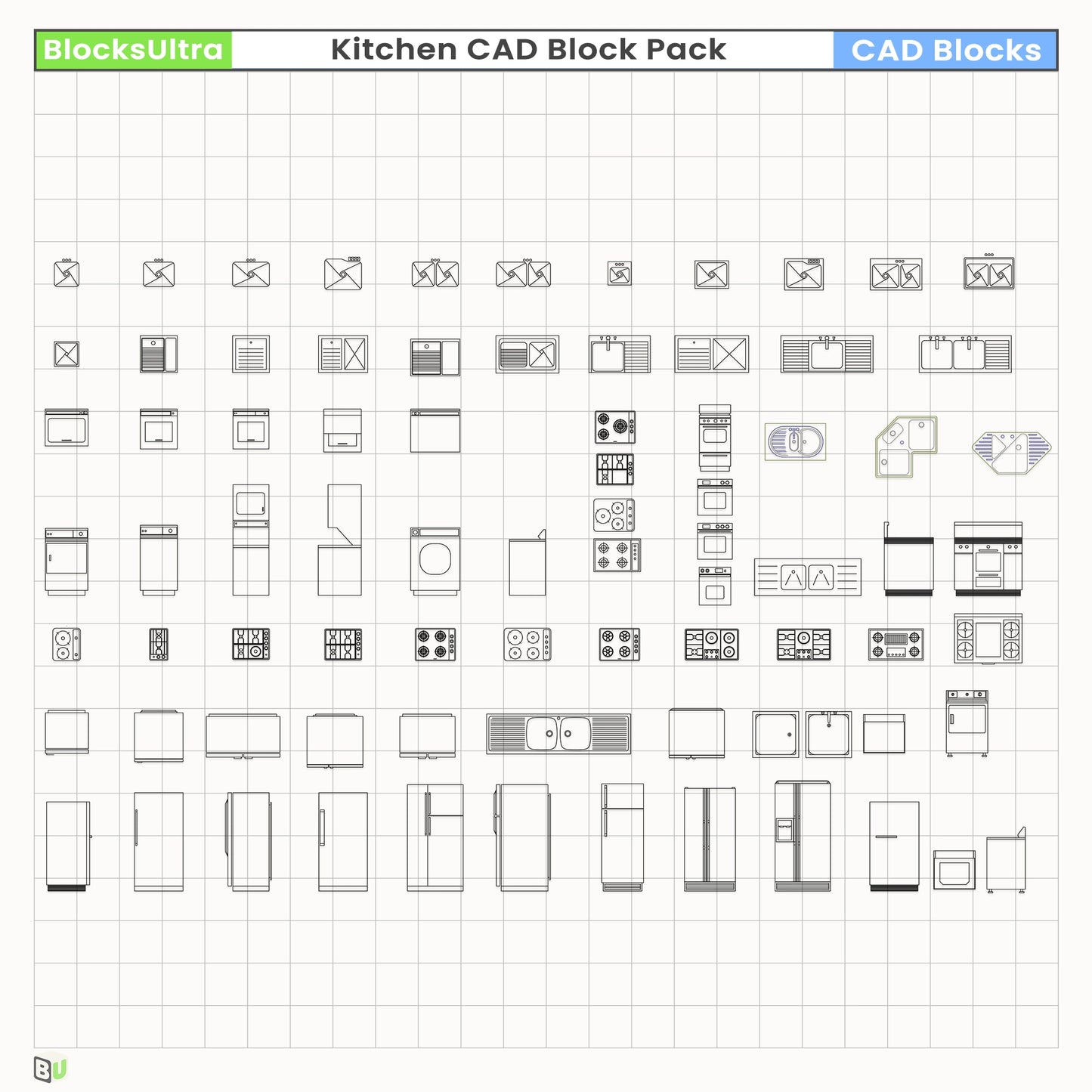 CAD appliance blocks including oven, microwave, and dishwasher units with clean linework for DWG architectural workflows
