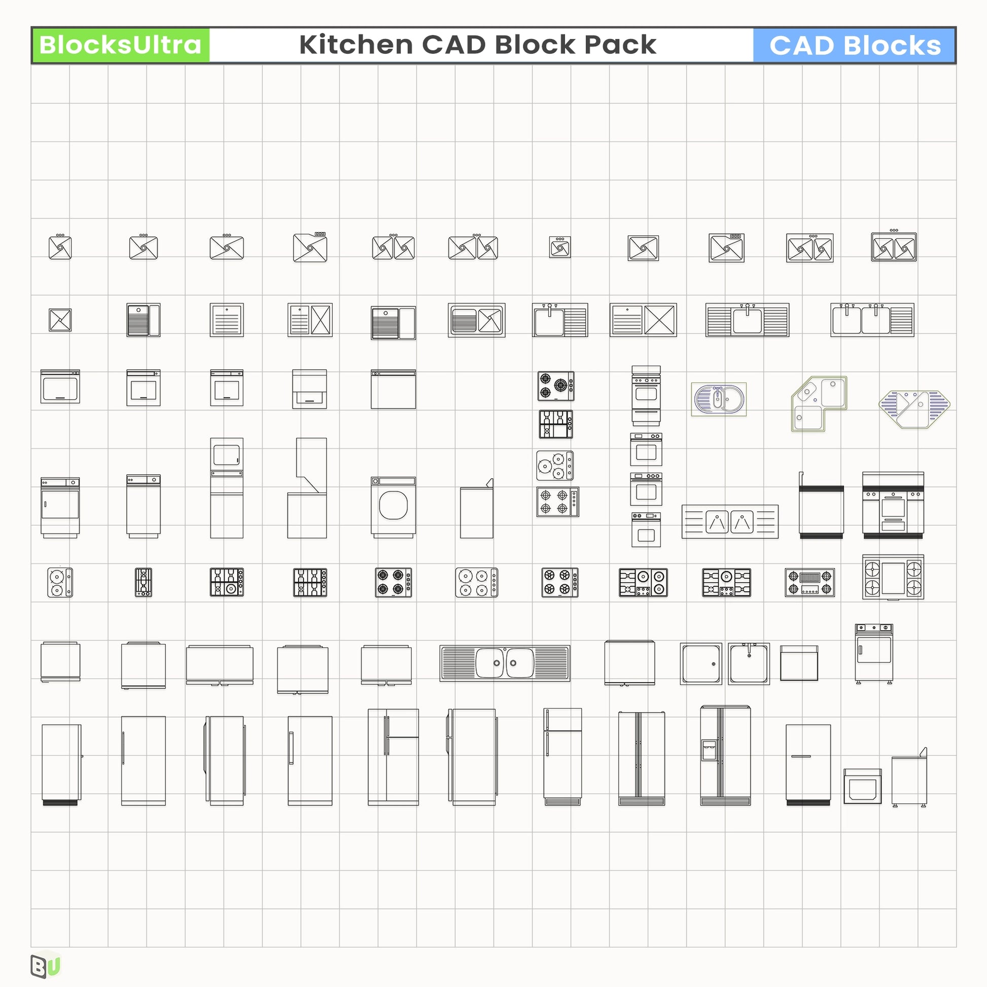 CAD appliance blocks including oven, microwave, and dishwasher units with clean linework for DWG architectural workflows
