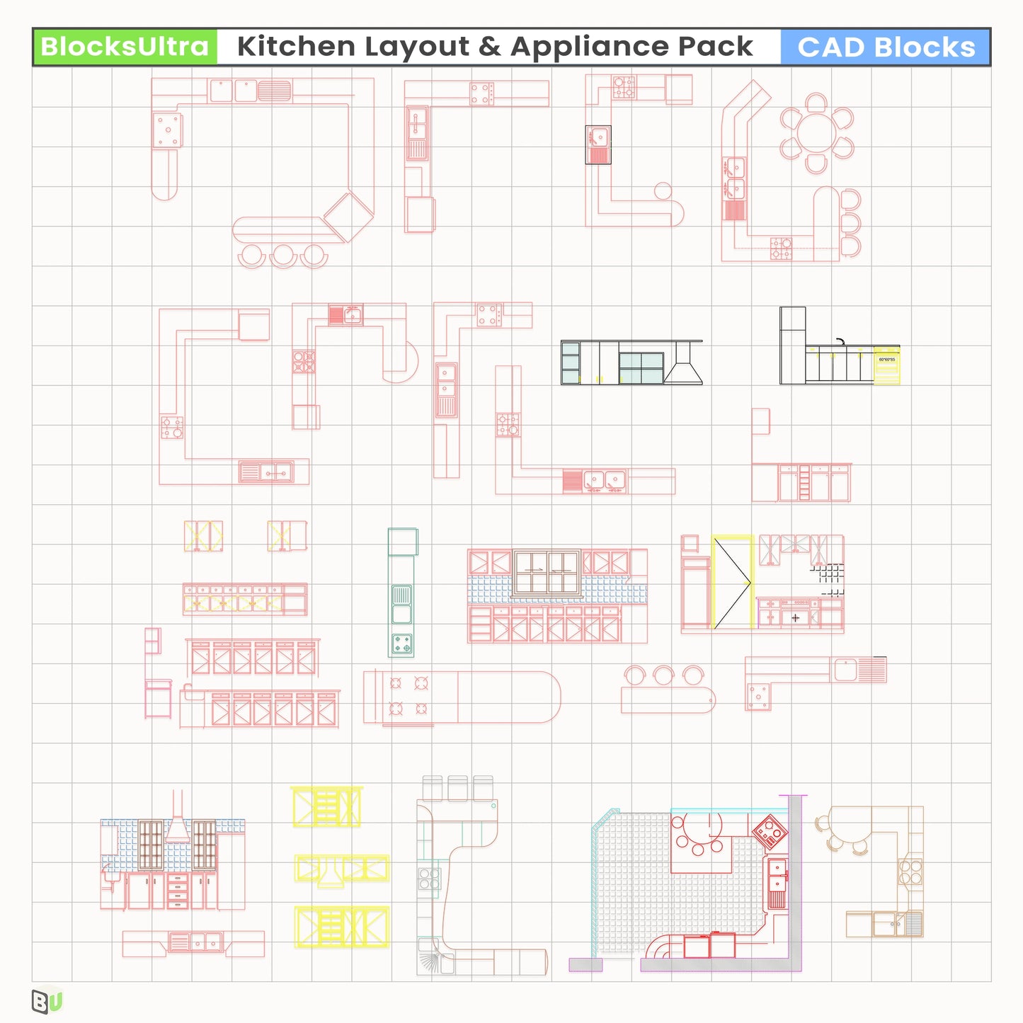 DWG kitchen equipment pack with refrigerators, ovens, dishwashers, sinks, and utility devices for architectural drawings