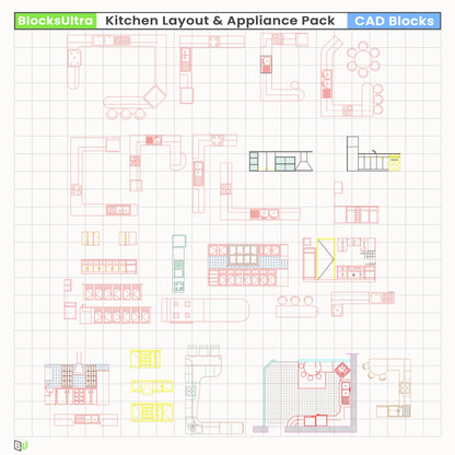 DWG kitchen equipment pack with refrigerators, ovens, dishwashers, sinks, and utility devices for architectural drawings