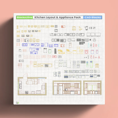 Top-view kitchen CAD blocks showing modular countertop layouts, appliances, sinks, and cooking zones for interior plans