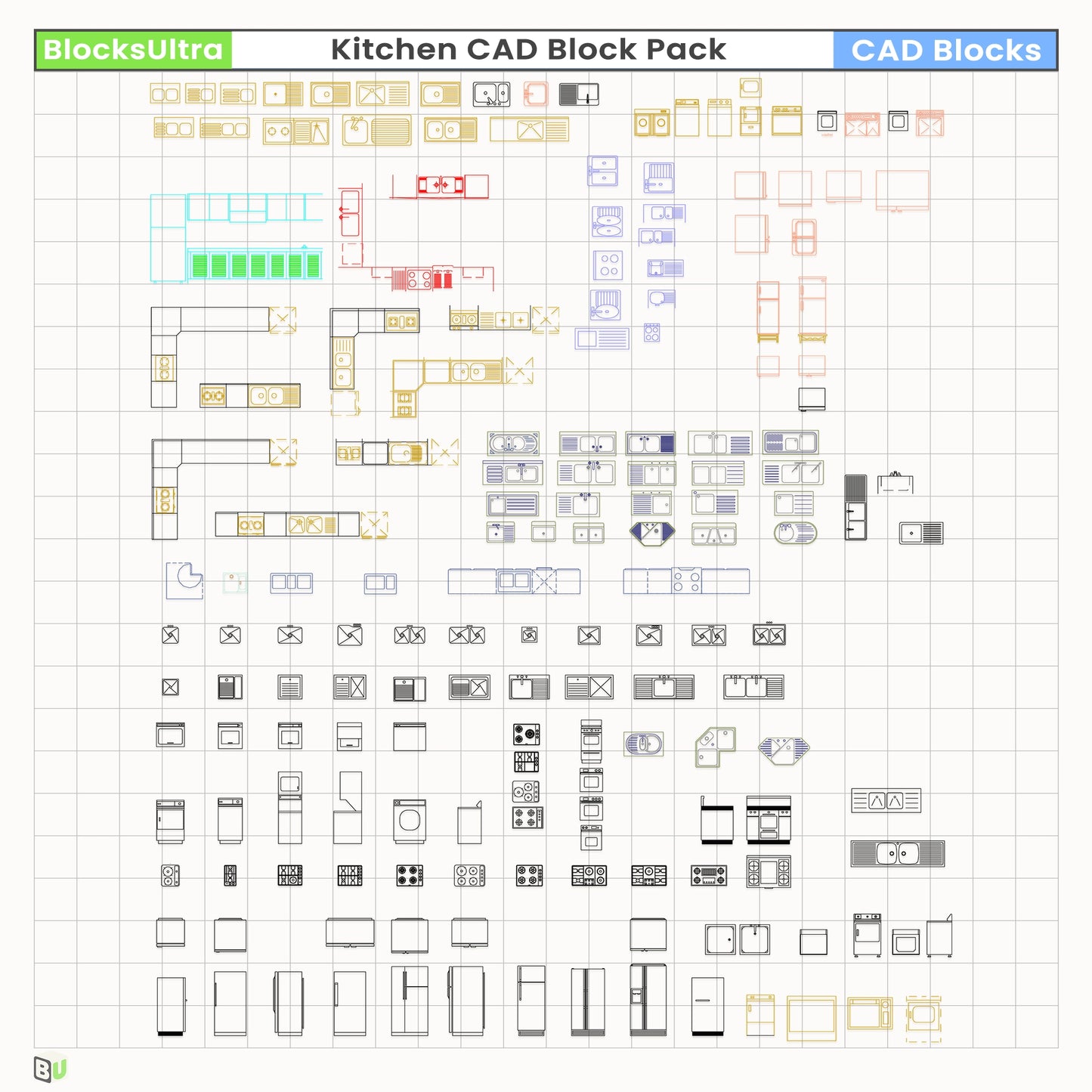 Aluminum-style CAD sink blocks with single and double basins in top-view layouts for architectural kitchen planning