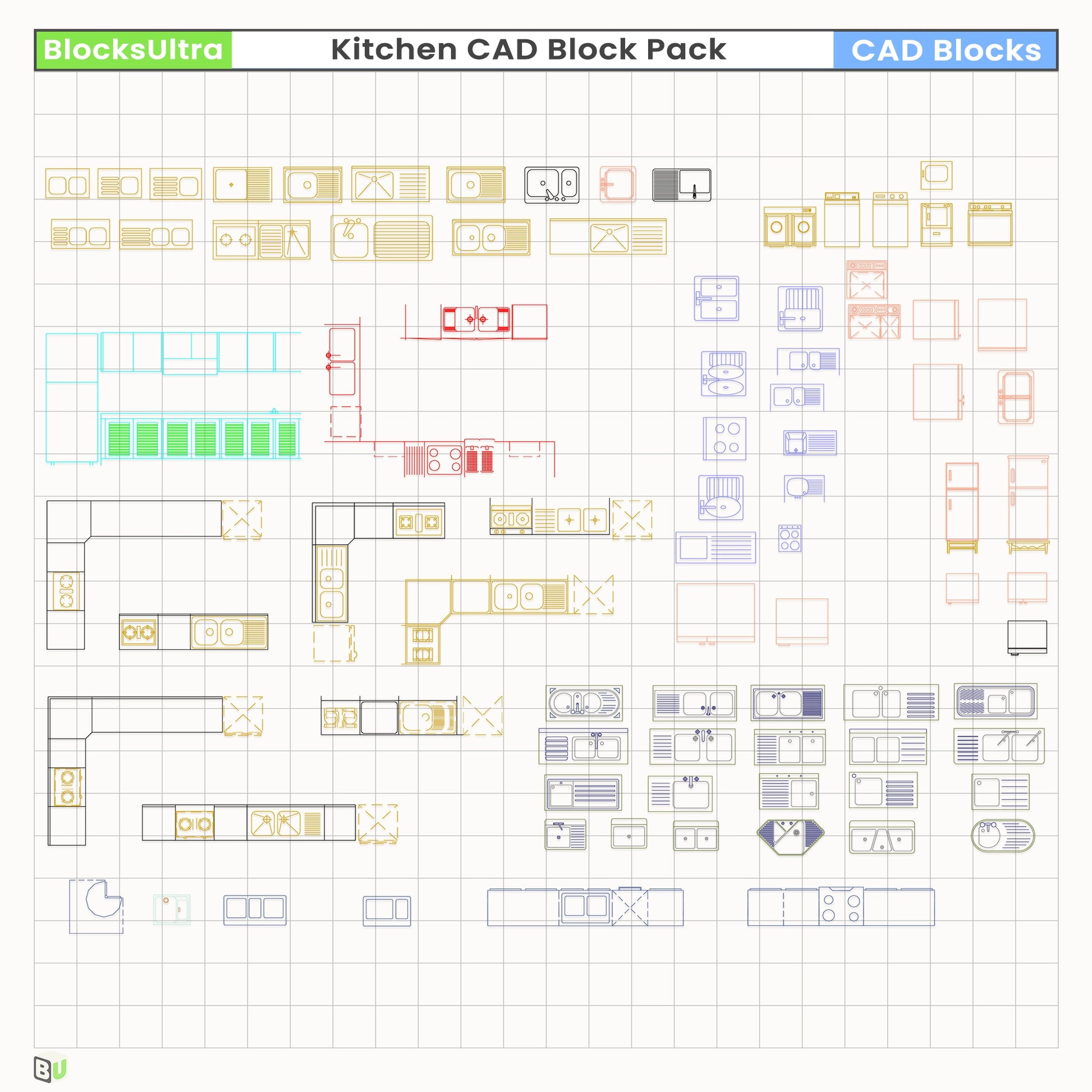 Detailed CAD cooktop blocks with gas, electric, and induction units for precise kitchen appliance layout drawings