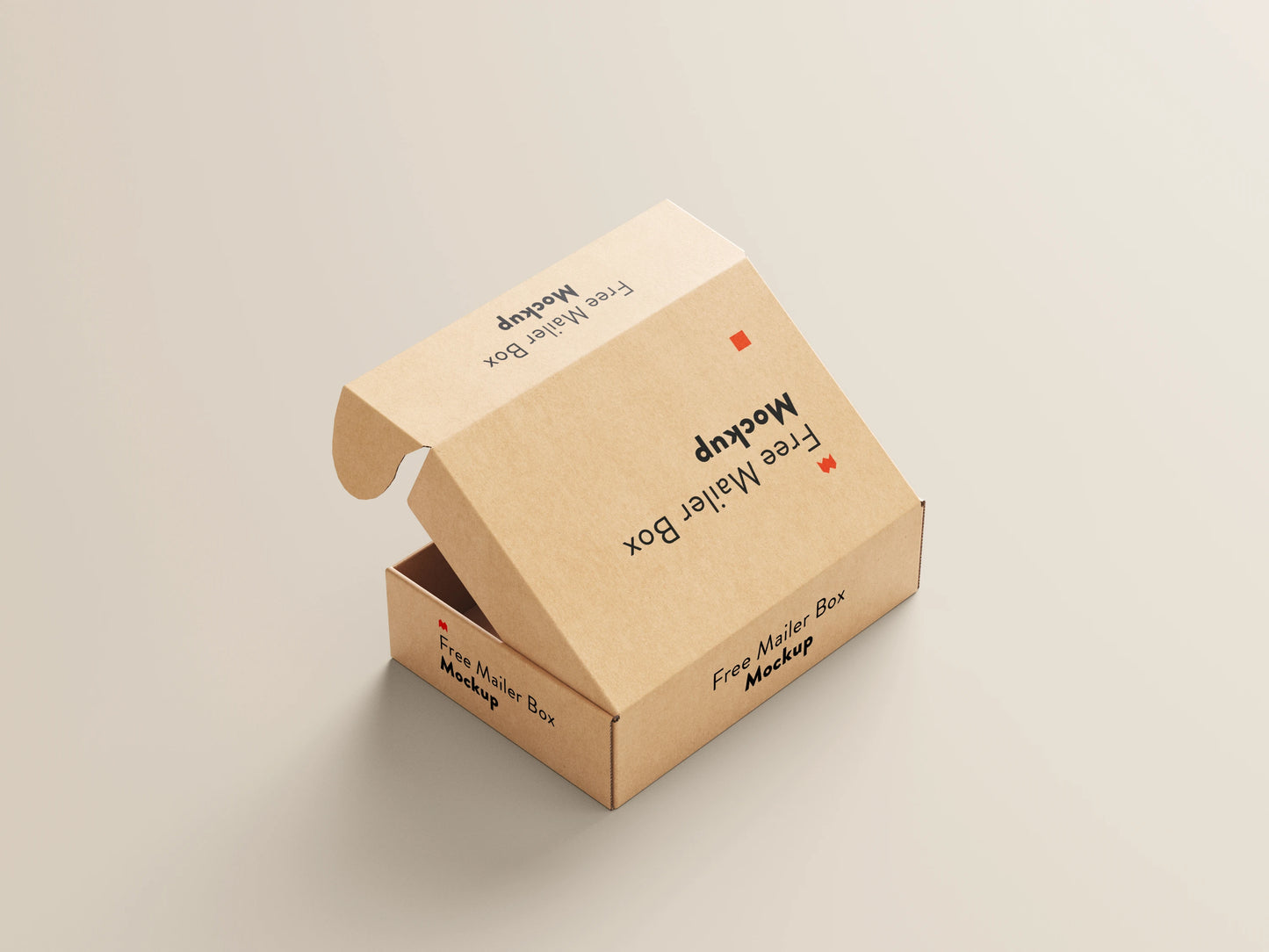 Kraft mailer box mockup with closed folding cardboard packaging in angled view