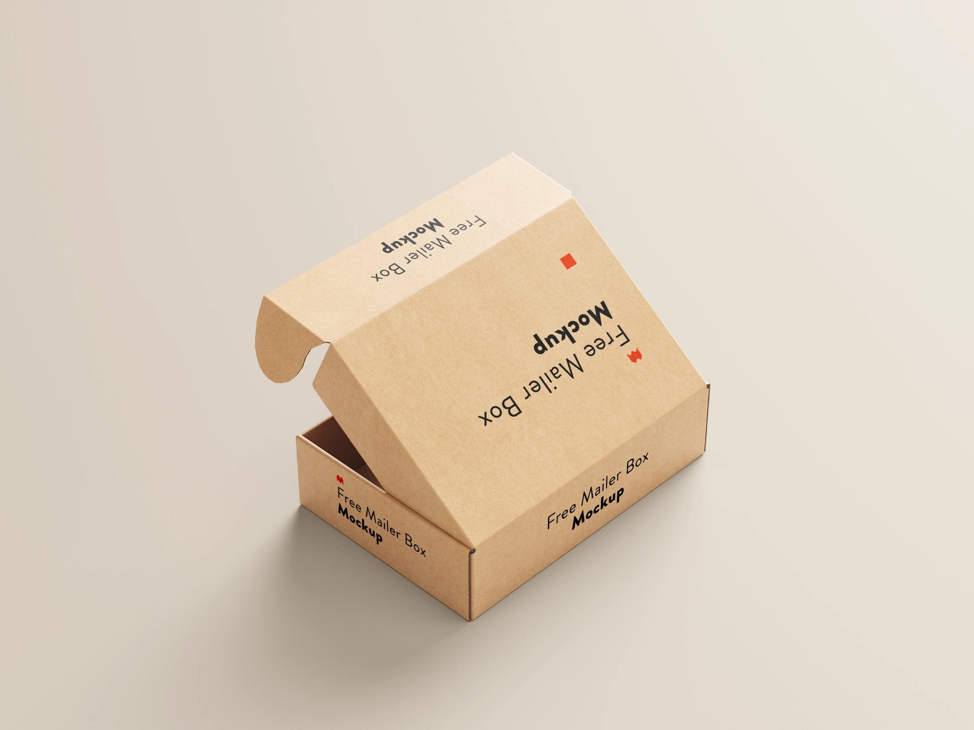 Kraft mailer box mockup with closed folding cardboard packaging in angled view