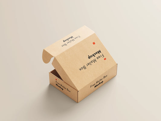 Kraft mailer box mockup with closed folding cardboard packaging in angled view
