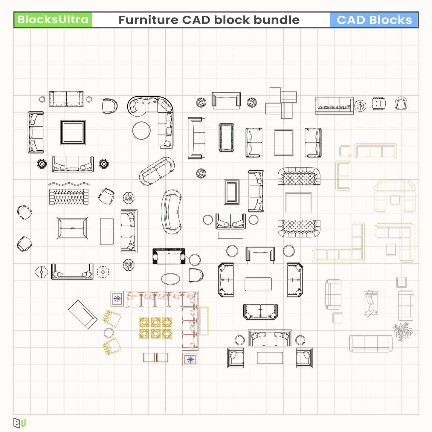 Mixed living-room furniture arrangements with sofas, armchairs, and accent tables in CAD top-view