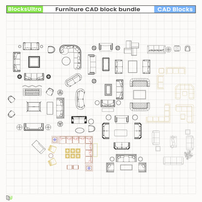 Mixed living-room furniture arrangements with sofas, armchairs, and accent tables in CAD top-view