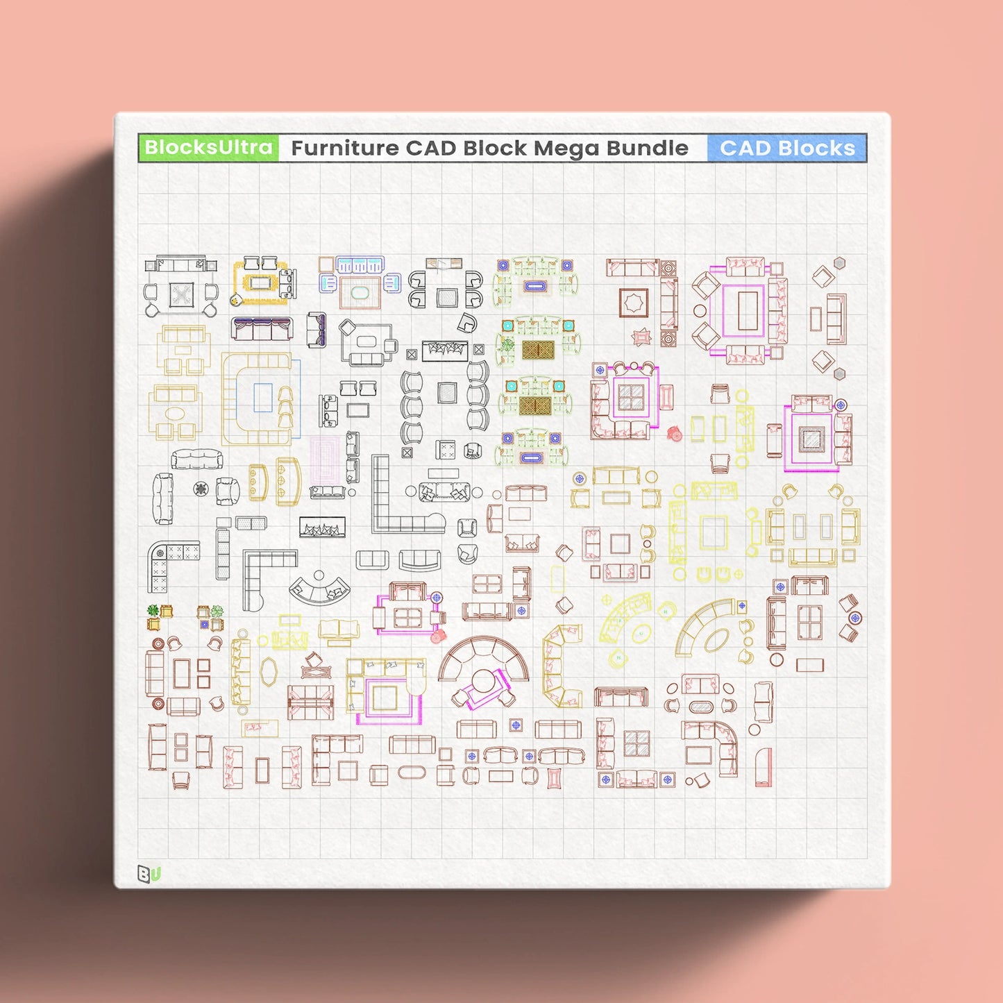 Top-view living room furniture CAD blocks with sofas, coffee tables, and seating layout