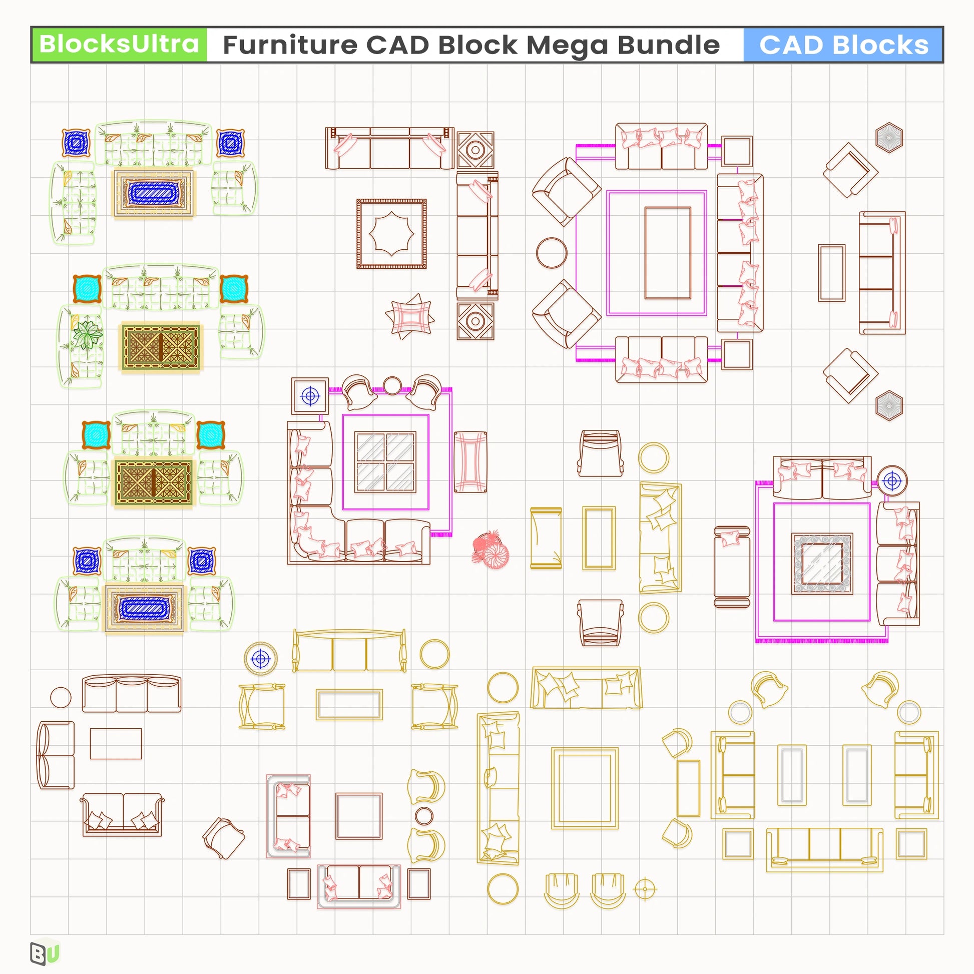 Modular sofas with detailed pillows and tables in top-view CAD layout