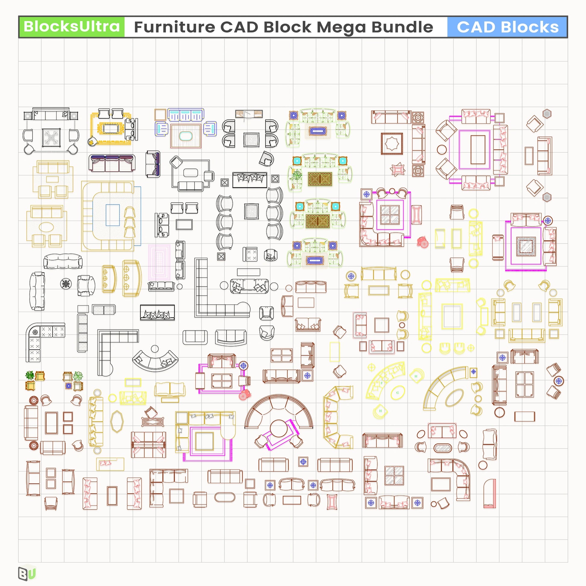 Curated top-view CAD blocks featuring sectionals, armchairs, rugs, and tables