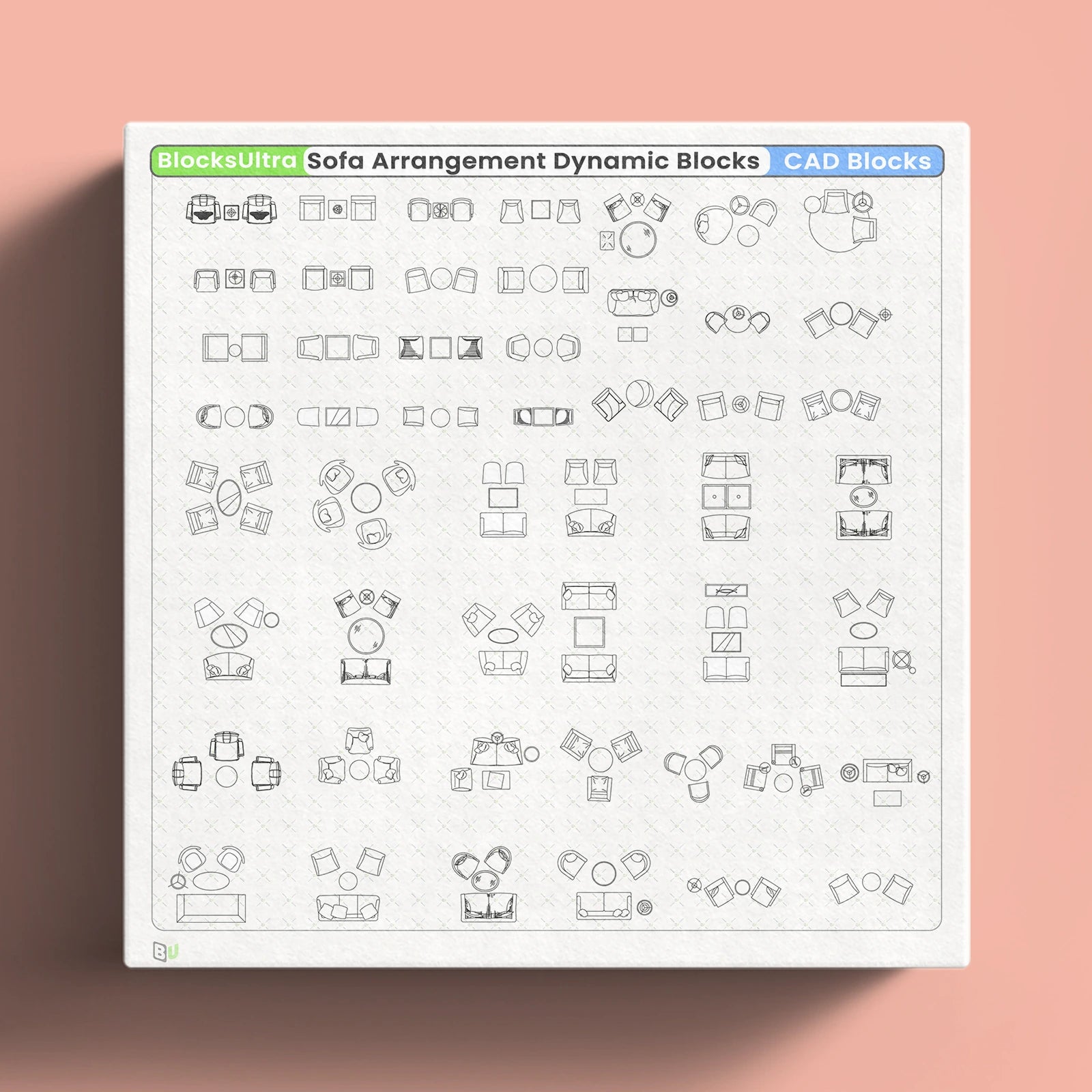 Top-view CAD blocks of lobby sofa seating layouts with clean linework for architecture plans